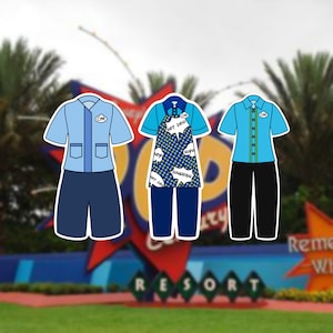 May include: Three different uniform designs for a theme park employee. The first design is a light blue short-sleeved shirt with a dark blue collar and dark blue shorts. The second design is a light blue short-sleeved shirt with a dark blue collar and a blue and yellow patterned apron. The third design is a light blue short-sleeved shirt with a dark blue collar and black pants.