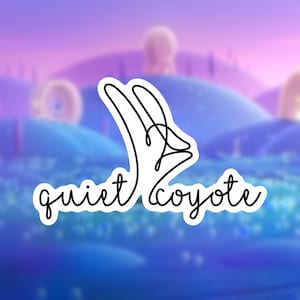 May include: A white sticker with a black line drawing of a coyote howling at the moon. The text "quiet coyote" is written below the drawing.