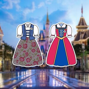 May include: Two illustrated dresses with white puff sleeves and small circular badges labeled CM. The left dress has a blue vest and a grey skirt with pink floral patterns. The right dress features a red and blue bodice with gold trim and a solid red skirt.
