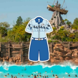 May include: A light blue button-down shirt and matching shorts set. The shirt features a palm tree design on the sleeves and a small logo. The shorts have a white belt. The set is a cartoon illustration.