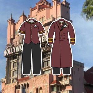 May include: Two red and black uniform costumes for a hotel bellhop. The costume on the left is a short-sleeved shirt and pants. The costume on the right is a long-sleeved jacket and pants. Both costumes have gold trim and a black name tag with the letters "CM" on it.