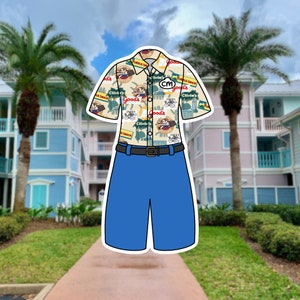 May include: A cartoon illustration of a light beige short-sleeved shirt with a blue collar and blue buttons. The shirt has a pattern of various logos and images, including "Good's", "Turtle Snack", "Cliffy's", and "General Store". The shirt is paired with blue shorts and a black belt. The image is set against a backdrop of a tropical resort.