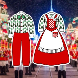 May include: Two Christmas-themed costumes, one with a red and white striped apron and a green shirt with a Christmas tree pattern, and the other with red pants and a green shirt with a Christmas tree pattern. Both costumes have a name tag that says "CM".