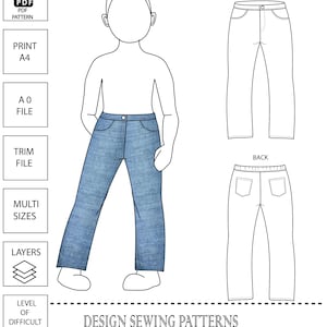 Kids Jeans, Girl and Boy Pants Pattern, patron de couture PDF, tailles 5,6,7,8 ans. Téléchargement instantané-Pas de modèle de papier.