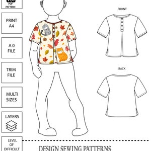 Puede incluir: Un patrón de costura para una blusa de niña pequeña con estampado de gato y hojas de otoño. El patrón incluye instrucciones para las tallas 8Y-12Y. El patrón está disponible para descargar en PDF e incluye varias tallas y capas.