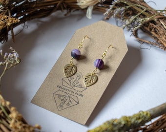 Sea sediment bead earrings/ Brass leaf earrings