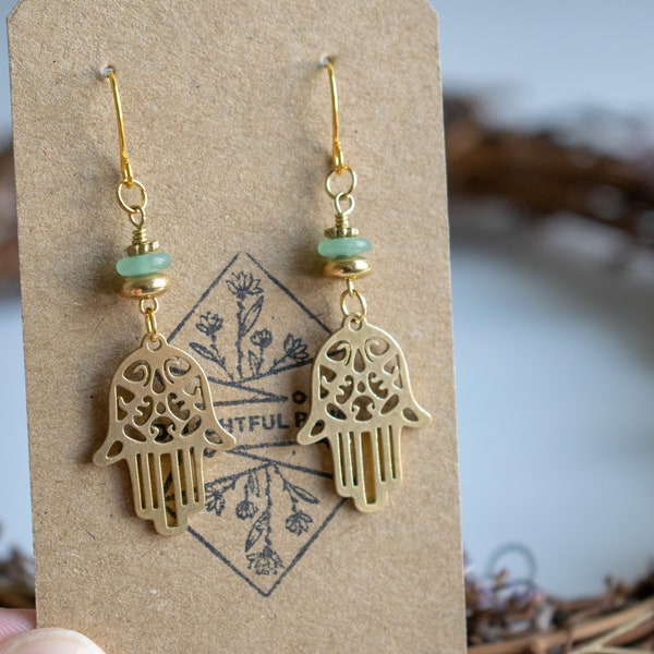 Hamsa Hand charm earrings/ Raw brass earrings/ Delicate green aventurine stone earrings