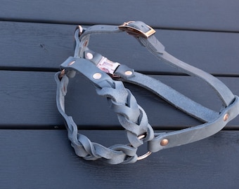 Dogily small dog harness Coco from genuine grey braided vegetable tanned leather with rose gold details, jackrussell, dachshund
