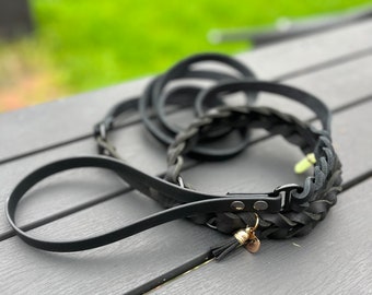 Slip lead leather Mänd, soft braided elegant leather 2'n'1 easy use collar leash, well trained city pooch leash