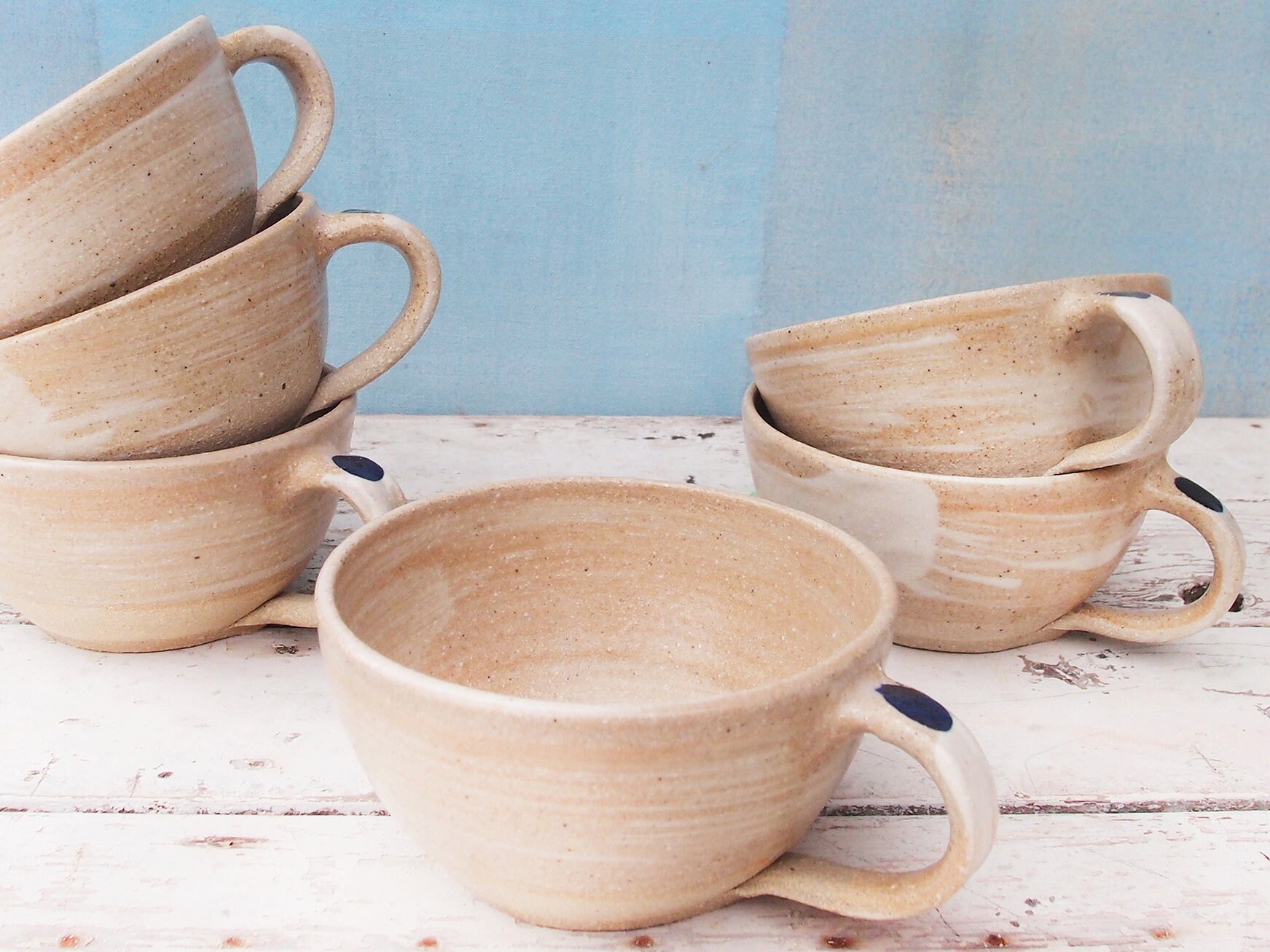 Tasse de Cappuccino en Céramique Blanc/Bleu, Grès, Poterie Rustique