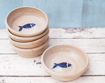 Ceramic Cat Bowl With White/Blue Fish Design, Stoneware Cat Food Bowl, Cat Water Bowl, Coastal Look