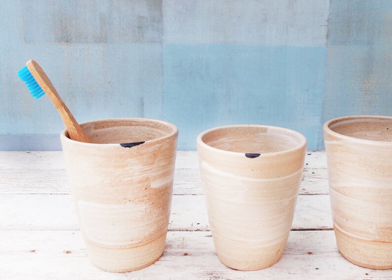 Ceramic Toothbrush Cup in White/Blue Rustic Pottery Handmade Etsy