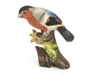 Bullfinch ceramic bird figurine from Europe, hand decorated porcelain bird figurine