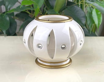 White hand decorated Candlestick Holder