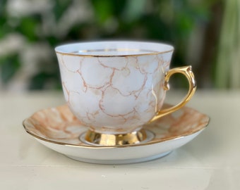 Romanian Tea Set: Tea Cup and Saucer, White & Gold Porcelain