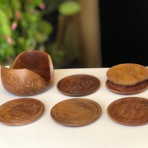 coasters with holder, Hand carved cup stand set,