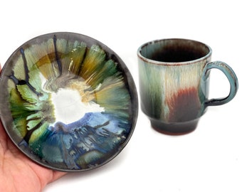 Handmade mug, Rossa Pottery cup and saucer for tea, coffee or hot chocolate