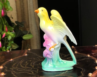 Figura de pájaro de porcelana vintage: decoración amarilla para el hogar