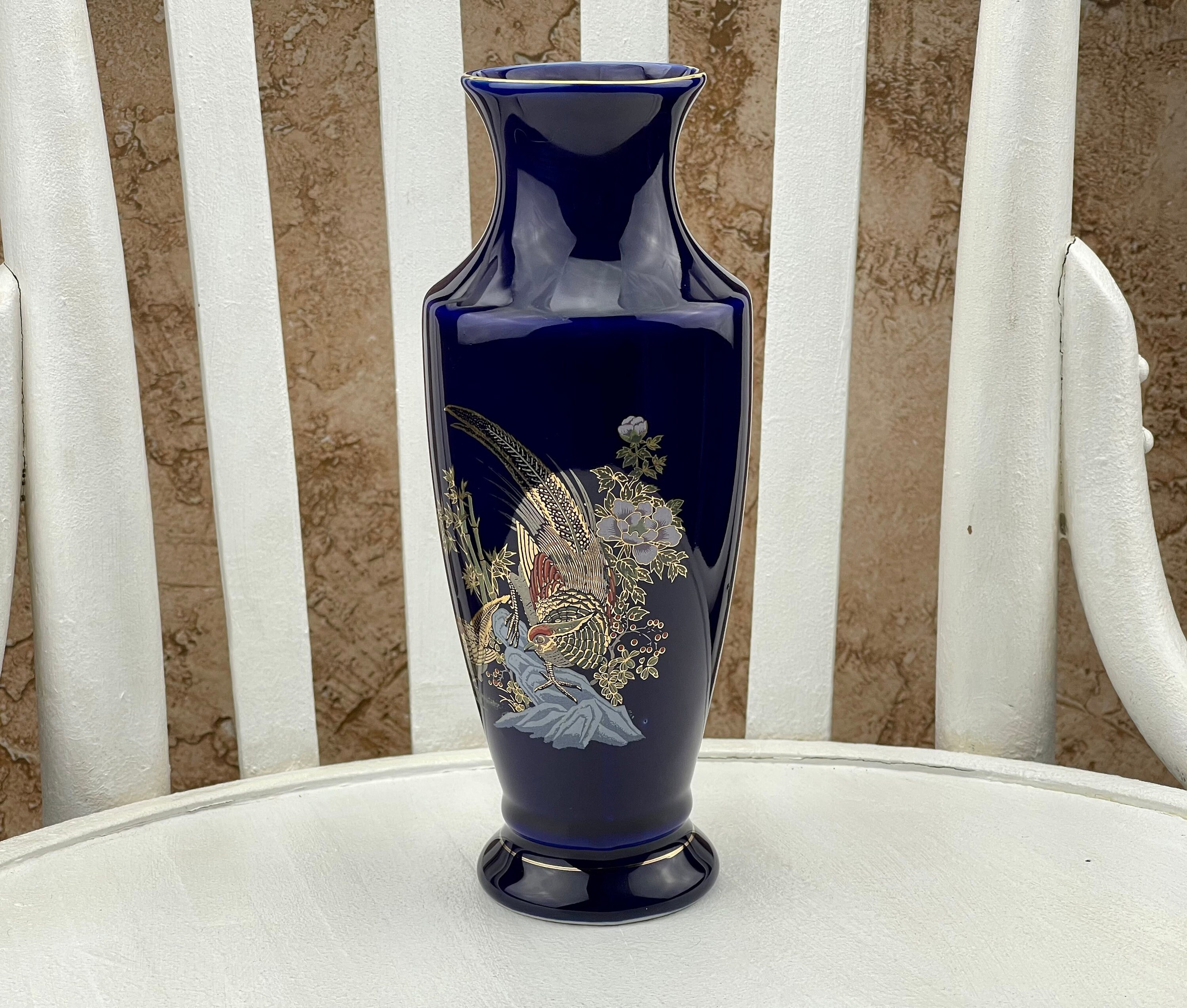 Blue Vintage Vase Made in England Hand Decorated in Gold Vase Etsy