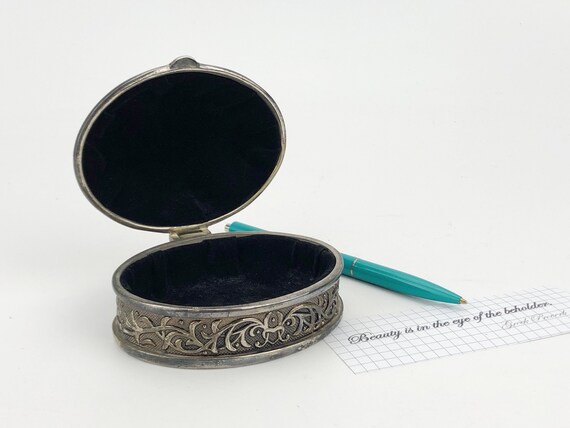 Silver plated vintage metal box with black lining