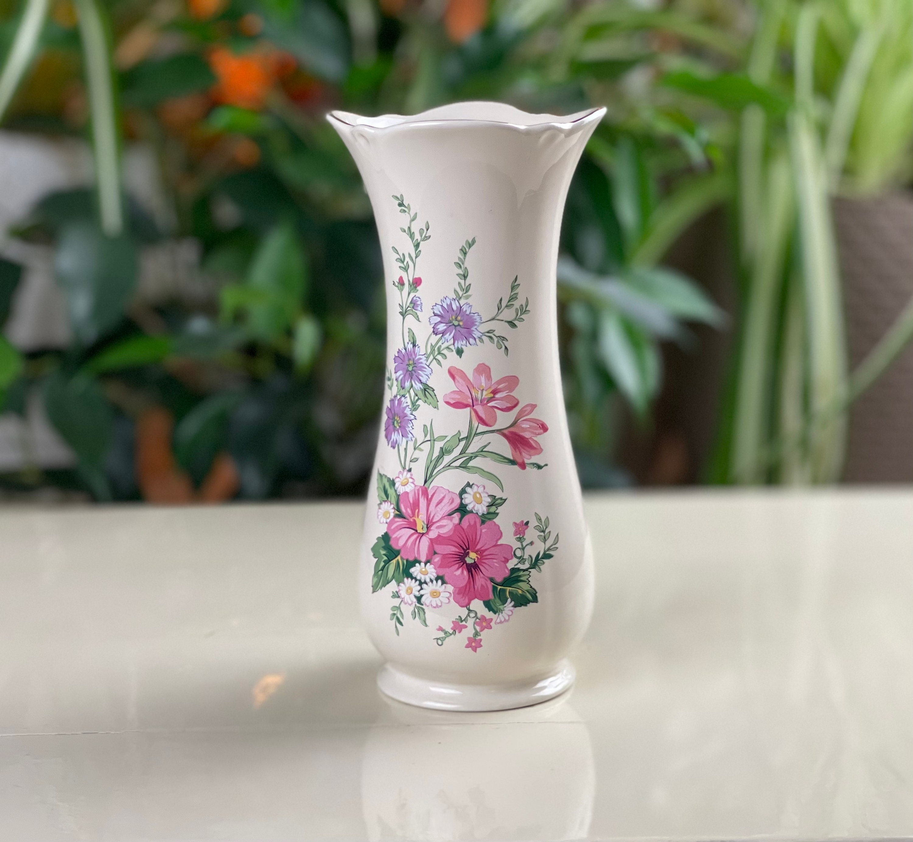 Vase à Pied Royal Winton Motif Floral - Hauteur 5 Pouces - Blanc - Occasion
