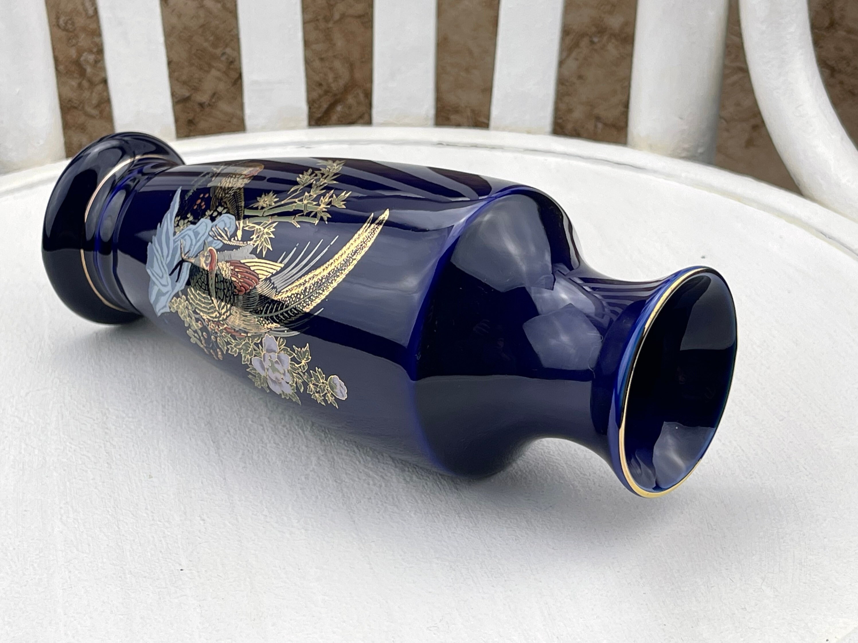 Blue Vintage Vase Made in England Hand Decorated in Gold Vase Etsy