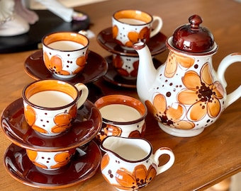 Ceramic tea set, Hand painted tea set - 6 cups and saucers, Teapot, sugar bowl and creamer by Schramsberg Hyde Park