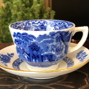 Blue tea cup with saucer, hand painted decorative coffee cup from England