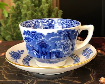 Blue tea cup with saucer, hand painted decorative coffee cup from England