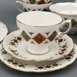 Colclough Tea Set of 5 trio, big platter, sugar bowl and creamer, Porcelain tea set from England