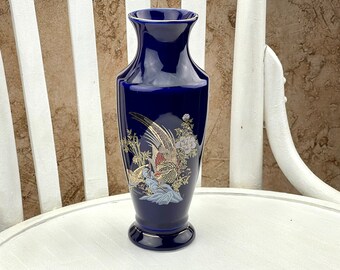 Blue Porcelain Vase: Gold Hand-Decorated, Made in England