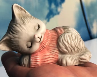 Vintage Sleeping Kitten Figurine, Miniature Cat, Europe