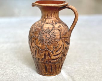 Handmade Ceramic Flower Vase: Rustic Floral Carved Pottery Jug