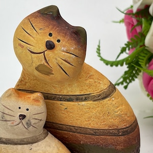 Cats figurines, Two ceramic abstract cat figurines, cat and kitten figurines