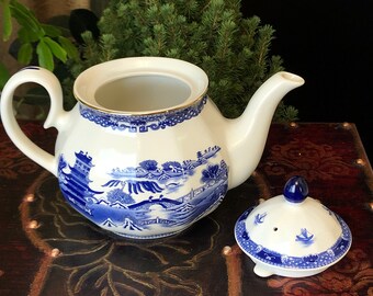 Bule de porcelana azul vintage Ringtons - Decoração inglesa do século XX