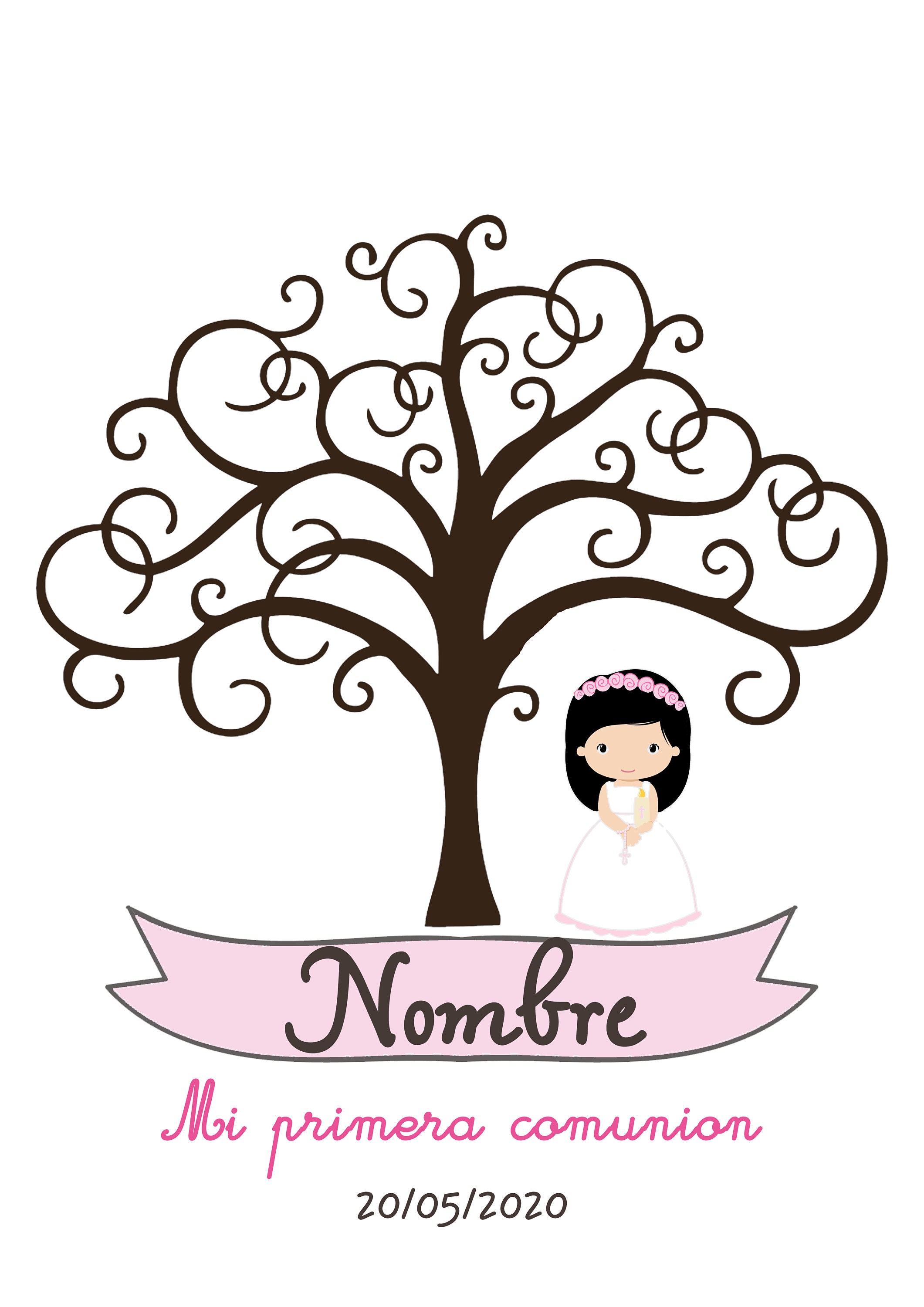 Árbol huellas comunión niña. 5 modelos de niñas .Marco, tinta para huellas  comunion e Instrucciones incluidas.Regalos para niñas comunión. Firmas