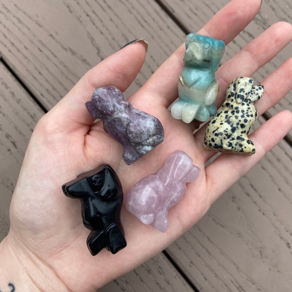 Crystal Dogs | Carved Crystal Animals, choose from Rose Quartz, Amazonite, Lepidolite, Dalmatian Jasper, Obsidian, Howlite, Opal