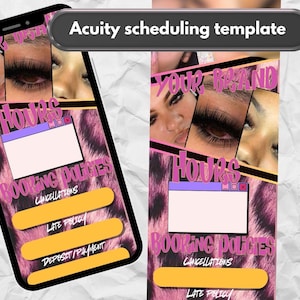 Può includere: Modello di pianificazione Acuity visualizzato su uno smartphone. Il design presenta uno sfondo con stampa leopardata rosa e nera con il testo "Your Brand Hours" e "Booking Policies". Il logo Canva è visibile.