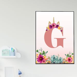 Custom floral initial, Custom initial letter, Custom initial sign, Custom art prints download, Nursery floral letters, Blush pink wall art.