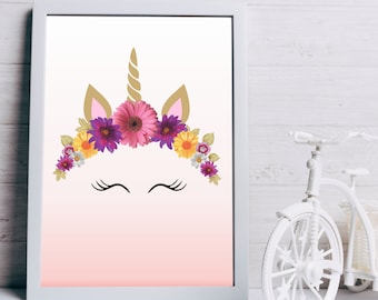 Unicorn poster print, Unicorn girl print, Unicorn art print, Gold unicorn art, Nursery art unicorn, Nursery unicorn, Unicorn wall art.