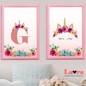 Set of 2 Unicorn art, Custom floral letter, Unicorn nursery art, Custom initial sign, Custom set of 2, Blush pink nursery, Customizable name