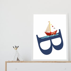 Letra B con barco, Arte de pared de barco de papel, Diseño de barco, Arte infantil náutico, Letra de bebé en barco, Letra B imprimible, Iniciales para niño.