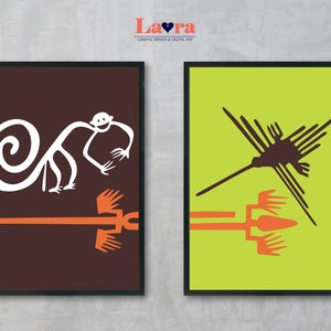 Nazca lines set of 2 prints, peruvian poster, peruvian wall art gift, nazca lines instant download, nazca lines printable, peruvian art.