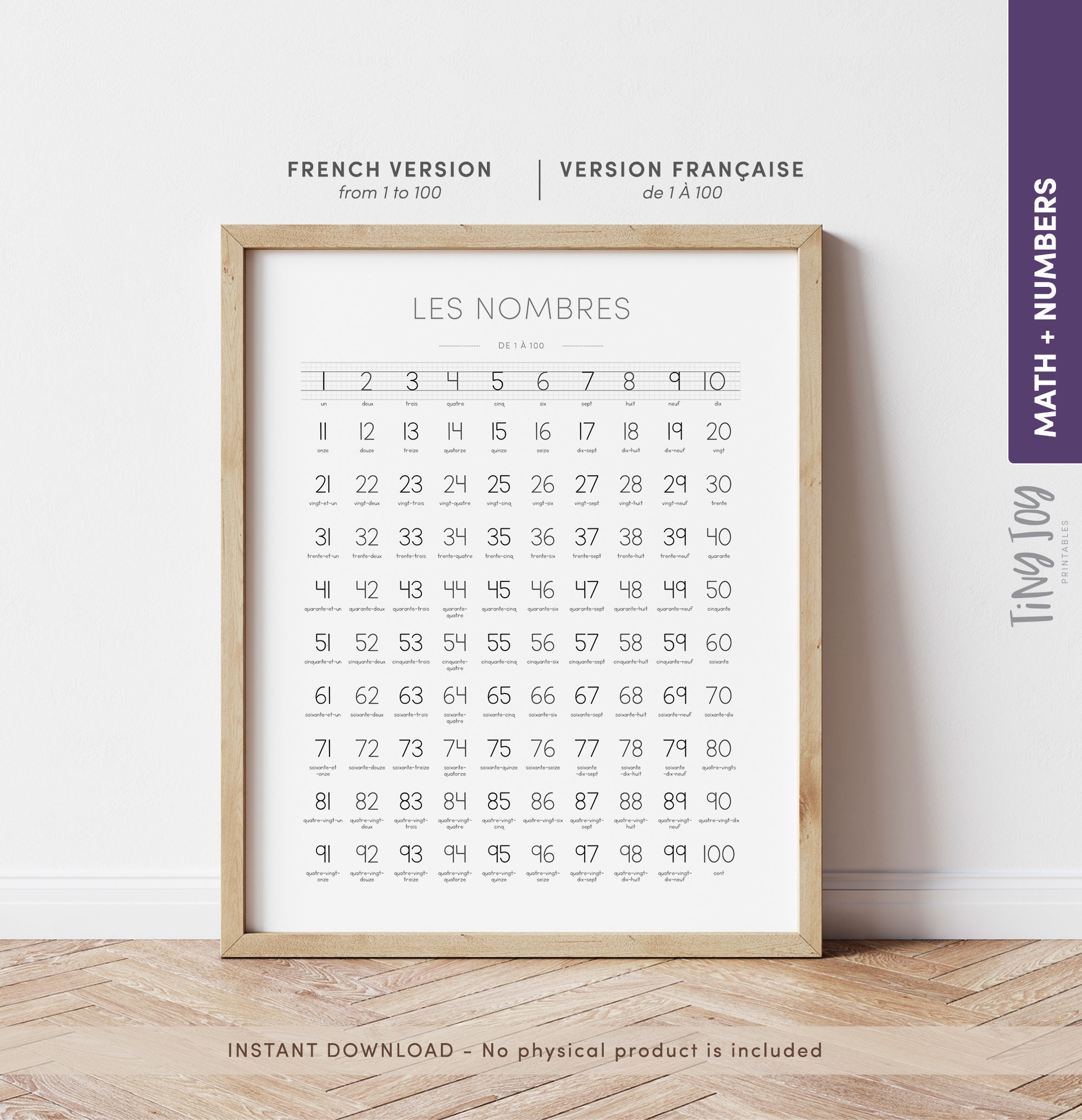 1 100 french numbers chart count to 100 printable numbers etsy