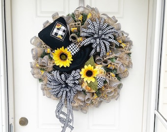 Corona de espantapájaros, Corona de otoño, Calabaza, Corona de girasol, Fall Deco Mesh Wrsth