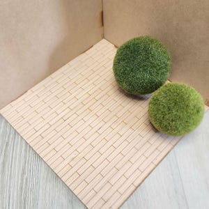 May include: Two spherical, textured green moss balls resting on a light-colored, rectangular wooden platform featuring a grid-like pattern of small, thin, light-toned wooden slats arranged in a brick-like layout against a plain backdrop.