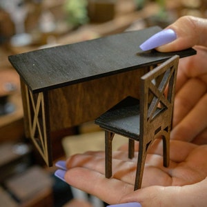 Dollhouse Miniature Desk and Chair- Miniature Decorations, School, 1:12, Dollhouse Furniture, farmhouse, Tables, Bedroom, modern, DIY