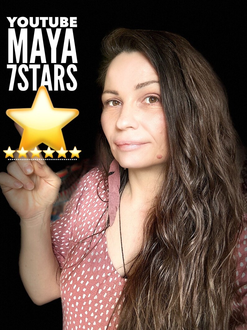 May include: A woman with long brown hair is smiling at the camera. She is wearing a pink and white polka dot dress. The text "YOUTUBE MAYA 7STARS" is visible in the top left corner of the image. A large gold star is visible in the centre of the image.