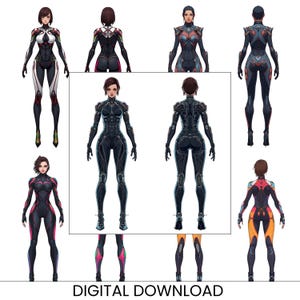 May include: Digital download of illustrations featuring futuristic female characters in form-fitting suits. The suits are primarily black with accents of white, red, pink, and orange. The image includes front and back views of the characters. The text "DIGITAL DOWNLOAD" is at the bottom.