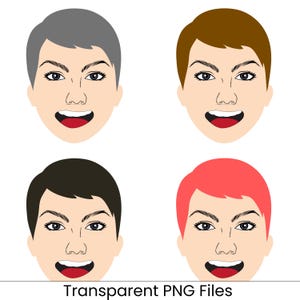 Könnte beinhalten: Vier Cartoon-Gesichter mit unterschiedlichen Haarfarben: grau, braun, schwarz und rot. Jedes Gesicht hat einen neutralen Hautton, schwarze Augenbrauen und Wimpern sowie einen roten, offenen Mund. Der Text "Transparent PNG Files" befindet sich unten.